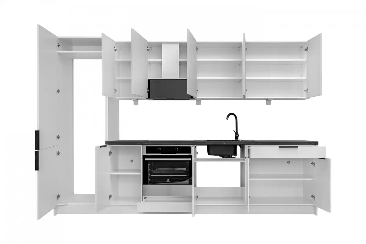 Kuchynská linka Ilandia 300cm s bielym digestorom - kašmírová mat / Dub hikora Komplet nábytku kuchynského Ilandia 300cm z bialym okapem - kašmír mat / Dub hikora