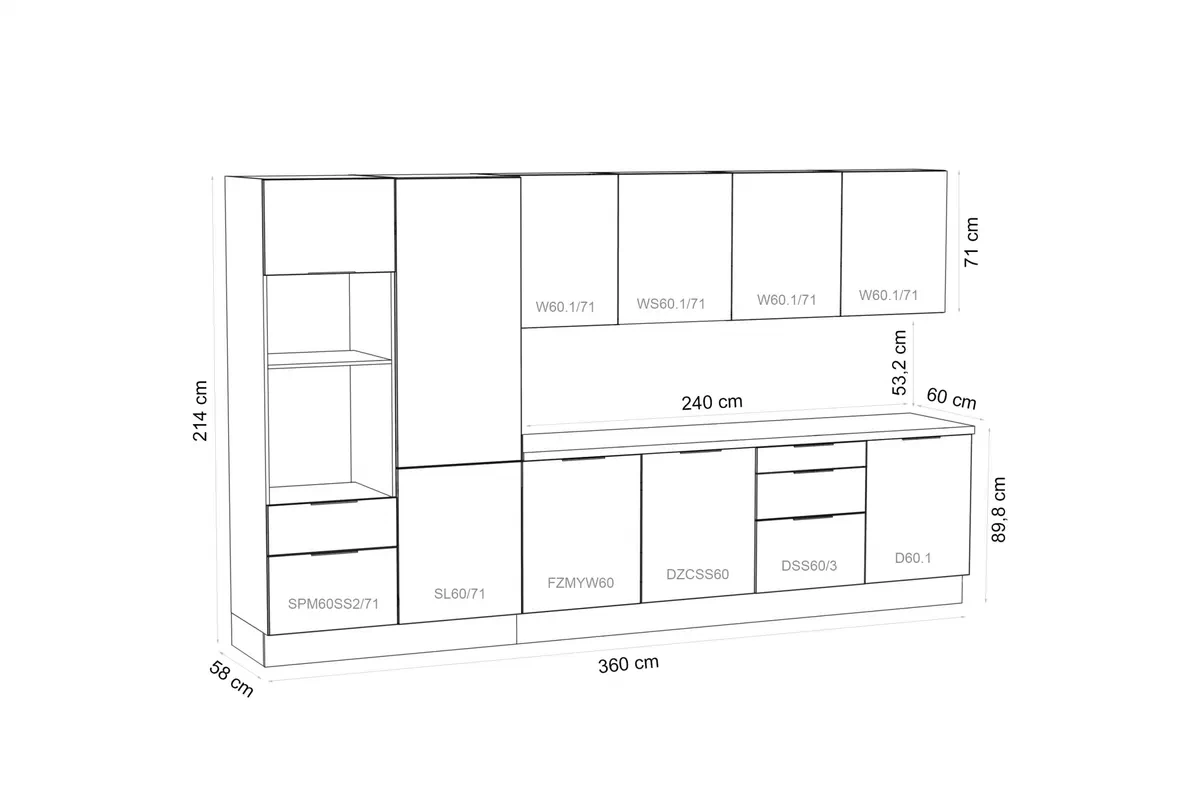 KAMMONO Zostava 11 - K2 BLACK - Kuchynská linka Komplet nábytku kuchynského Kammono 360cm z wyspa - K2 Dub hikora / P4 Čierny mat