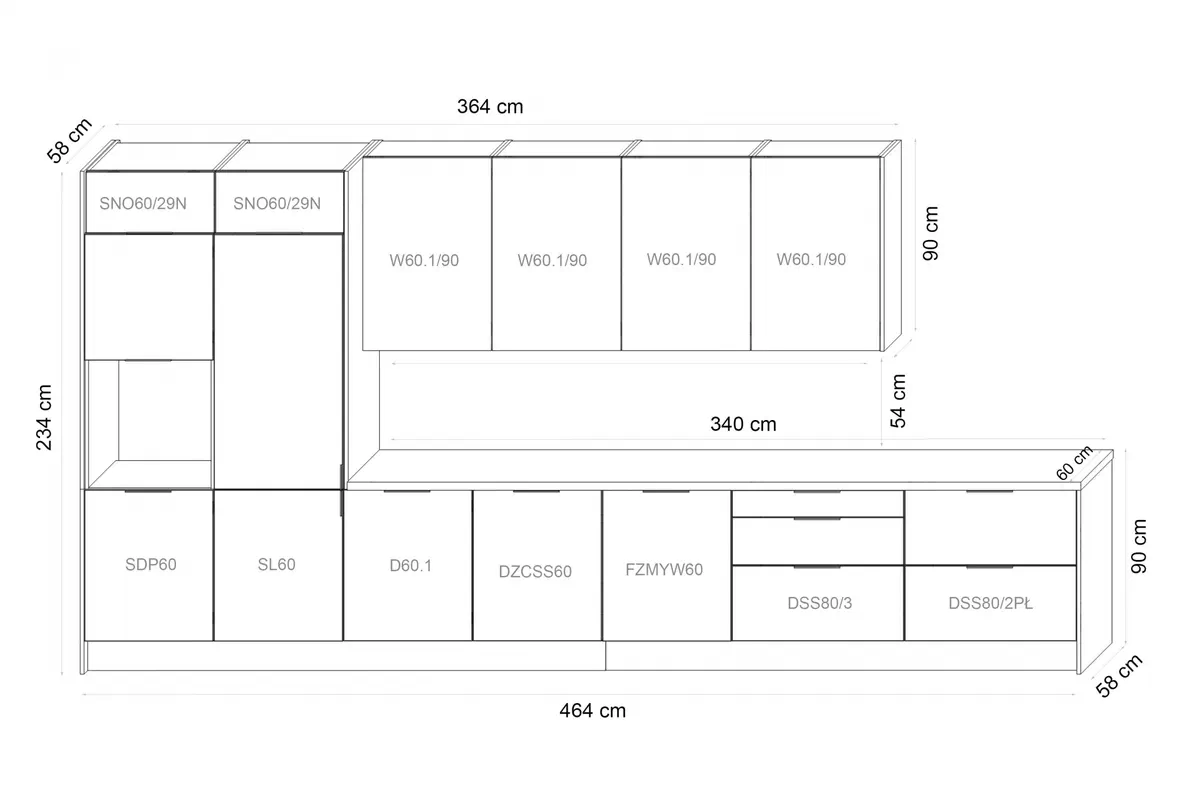 Kuchyňská linka Kammono 460 cm - K2 světlý buk / P4 černý mat Komplet nábytku kuchennych Kammono 460cm - K2 buk světlý / P4 černá mat