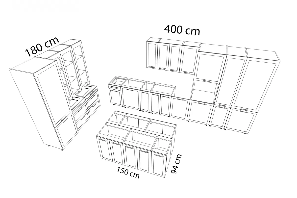 Kuchynská linka Linea 180x400cm z wyspa kuchenna - biely Komplet nábytku kuchynského Linea 180x400cm z wyspa kuchenna - Biely