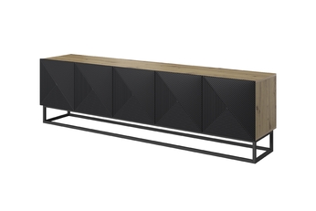 TV skrinka Asha 200 cm s frézovaným frontom i metalowym, čiernym stelazem - artisan / Čierny mat