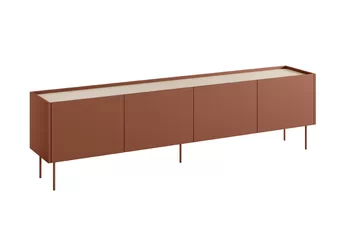 TV skříňka Desin 220 cm ceramic red s kovovými nohami a dubovým horním dílem