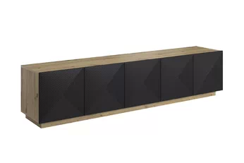 RTV skříňka Asha 200 cm pět dveří s ryhovanými černými matnými dvířky a dubovým korpusem artisan
