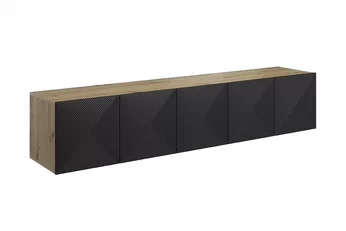 Závěsná RTV skříňka Asha 200 cm s vroubkovanými černými matnými dvířky a korpusem dub artisan