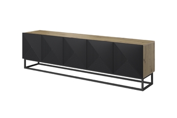 TV skrinka Asha 200 cm s frézovaným frontom i metalowym, čiernym stelazem - artisan / Čierny mat
