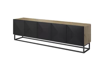 skříňka RTV Asha 200 cm s frézovanou přední částí i metalowym, czarnym stelazem - artisan / černá mat