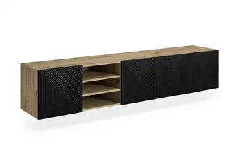 Závěsná TV skříňka Asha 200 cm s černými drážkovanými dvířky a korpusem artisan dub