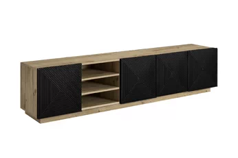 RTV skříňka Asha 200 cm s černým matným žebrovaným předním panelem a výklenkem, korpus dub artisan