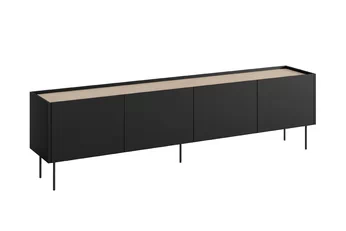 RTV skříňka Desin 220 cm černá matná s dubovou deskou a kovovými nohami