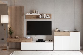 Obývacia stena Lucimo 210 cm z lamelami - Biely / Dub artisan