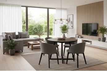 Komplet Stůl rozkladany Cedrus Rozeta 105/160 cm + 4 Židle Nerevio - dub belmont černá / šedá