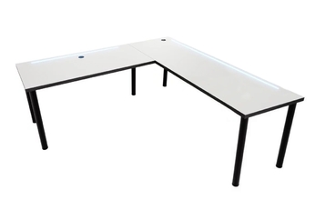 Písací stôl gamingowe narozne Nelmin 200 cm na kovových nohách z tasma LED - biela / čierny 