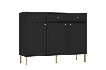 Komoda Lotina 125 cm trojdverová so zásuvkami - Čierny grafit / zlote nožičky