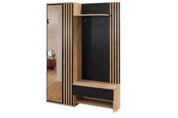 šatník do predsienie z lamelami so sedákom i zrkadlom 140 cm - Čierny / Dub wotan