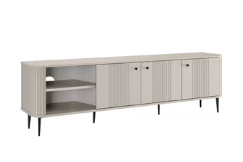 TV stolek Vesper 3D 187 cm v barvě kašmír s černými nohami, pohled zepředu se třemi dvířky