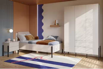 Komplet nábytku pro ložnice Jukon Postel 100x200 cm s úložným prostorem, Noční stolek i skříň trzydrzwiowa - kašmír / černé nožičky