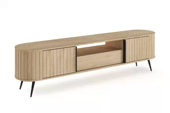 TV skrinka Luvio 196 cm so zásuvkou, ryhovaný front dąb cremona, čierne nohy