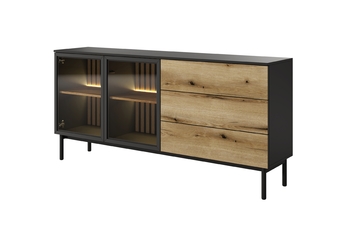 Komoda Noro 180 cm se zásuvkami a LED osvětlením - dub evoke / černá