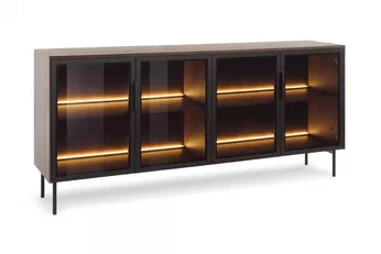 Komoda Auri 181 cm v barvě dub dunin s černými úchyty a LED osvětlením