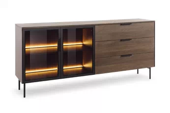 Komoda Auri 181 cm s šuplíky a LED osvětlením, dub dunin a černé nohy