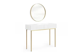 Toaletní stolek Nicole ze zlotym zrcadlem 80 cm  - bílý mat / zlote nozki