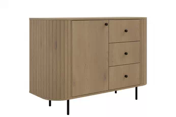 Komoda Lento 123 cm se zásuvkami a dvířky v barvě dub cremona, černé nohy a úchyty