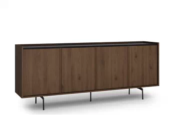 Komoda Zenar 200 cm so štyrmi dvierkami v odtieni orzech elegant s čiernou doskou a nohami