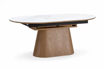 Stôl owalny Solvian 160-240x90 cm rozkladany - Biely mramor / Dub