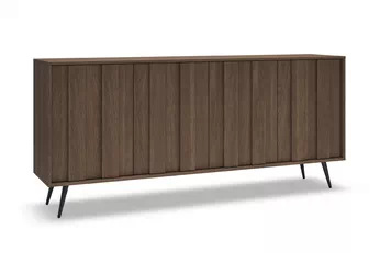 Komoda Flaro 183 cm s LED osvetlením, tmavé drevo dub dunin, čierne kovové nohy
