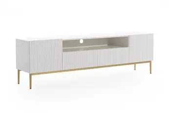 TV skrinka Nicole 200 cm z wneka i zásuvkami - biely mat / zlote nozki