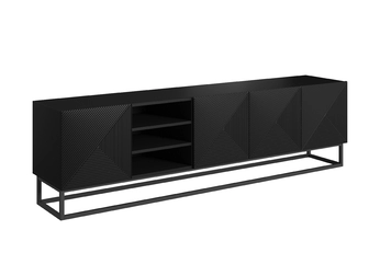 Černá TV skříňka Asha 200 cm s rýhovanými dvířky a kovovým rámem s otevřenou přihrádkou
