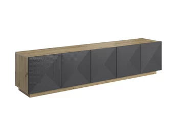 RTV skříňka Asha 200 cm s pěti dvířky, rýhované fronty rivier stone mat a korpus dub artisan