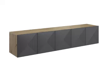 Závěsná RTV skříňka Asha 200 cm s drážkovaným čelem v barvě rivier stone mat, korpus dub artisan