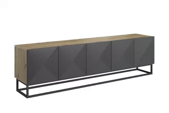 RTV skříňka Asha 200 cm s ryhovaným předním panelem a černým kovovým rámem v barvách artisan a rivier stone mat