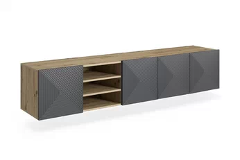 Zavěsná TV skříňka Asha 200 cm s rýhovanými dveřmi rivier stone mat a artisan dub korpus