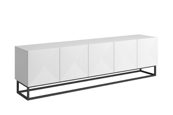 TV skříňka Asha 200 cm bílá matná s ryhovanými dvířky na černém kovovém rámu