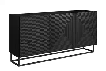 Komoda Asha 167 cm černá matná s dvěma dveřmi a třemi zásuvkami, rýhovaný přední panel, černý rám