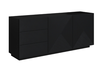 Komoda Asha 167 cm čierna matná, dvojdverová s tromi zásuvkami, ryhovaný predný panel
