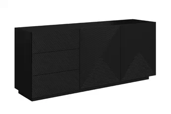 Komoda Asha 167 cm černá matná, dvoudveřová s třemi zásuvkami, ryhovaný přední panel