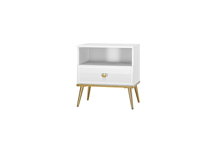 Nočný stolík Goldin 07 - biely lesk / zlaté nožičky - 50 cm