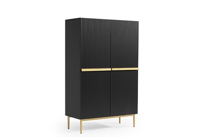Vysoká komoda Nicole 100 cm dvoudveřová s rýhovaným předním panelem - černá matná / zlaté nožky