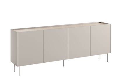 Moderní komoda Desin 220 cm čtyřdveřová se čtyřmi skrytými zásuvkami - kašmír / dub nagano