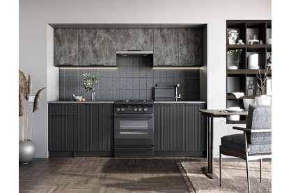 Komplet kuchyňského nábytku Tamara 240 - carbon wood / Popolový mramor / Čierny