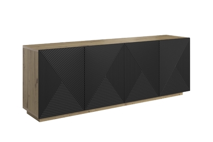 Komoda Asha 200 cm s ryhovanými dvierkami - artisan / čierny mat