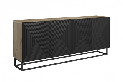 Komoda Asha 200 cm štvordverová na podstavci - artisan / rivier stone mat / čierny mat