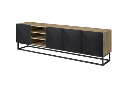 RTV skrinka Asha 200 cm ryhovaná s výklenkom a kovovým rámom - dub artisan / čierny mat