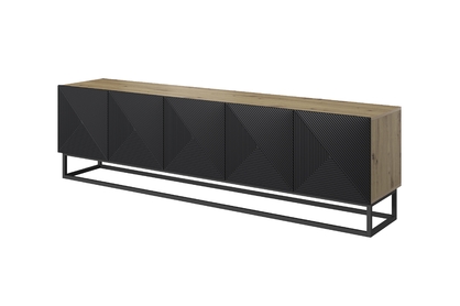 TV stolek Asha 200 cm s rýhovaným čelem na kovovém rámu - dub artisan / černý mat