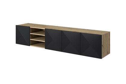 Závesná TV skrinka Asha 200 cm s ryhovaným čelom a otvorenou poličkou - artisan / čierny mat