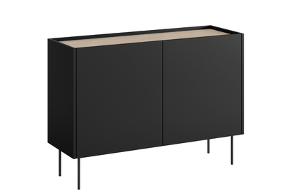 Moderní komoda Desin 120 cm dvoudveřová se dvěma skrytými zásuvkami - černá matná / dub nagano