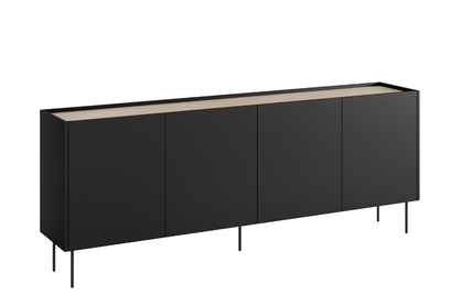 Moderní komoda Desin 220 cm čtyřdveřová s dvěma skrytými zásuvkami - černá matná / dub nagano